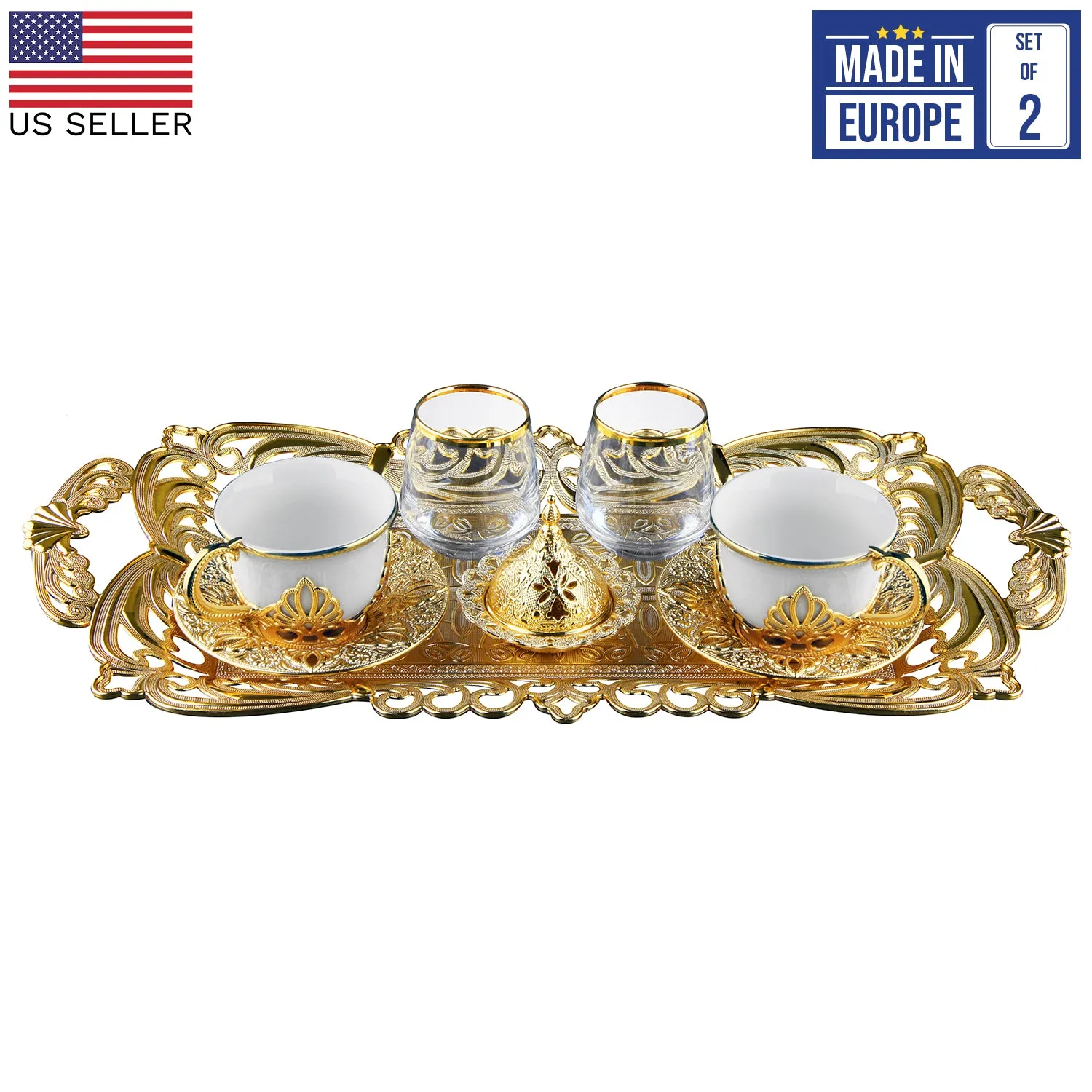 Nisa Turkish Coffee Cup Set of 2 with Glasses, 11 Pcs, 2.87 oz