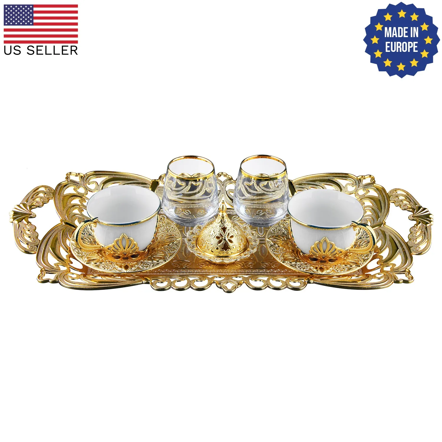 Nisa Turkish Coffee Cup Set of 2 with Glasses, 11 Pcs, 2.87 oz