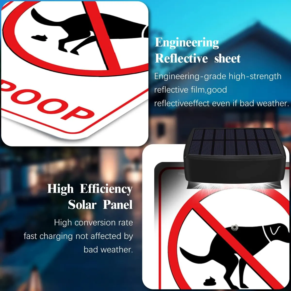 NO POOP Yard Warning Sign Solar Powered, Rechargeable LED Illuminated Aluminum Sign with Stake, Reflective Outside Sign Light Up For Houses