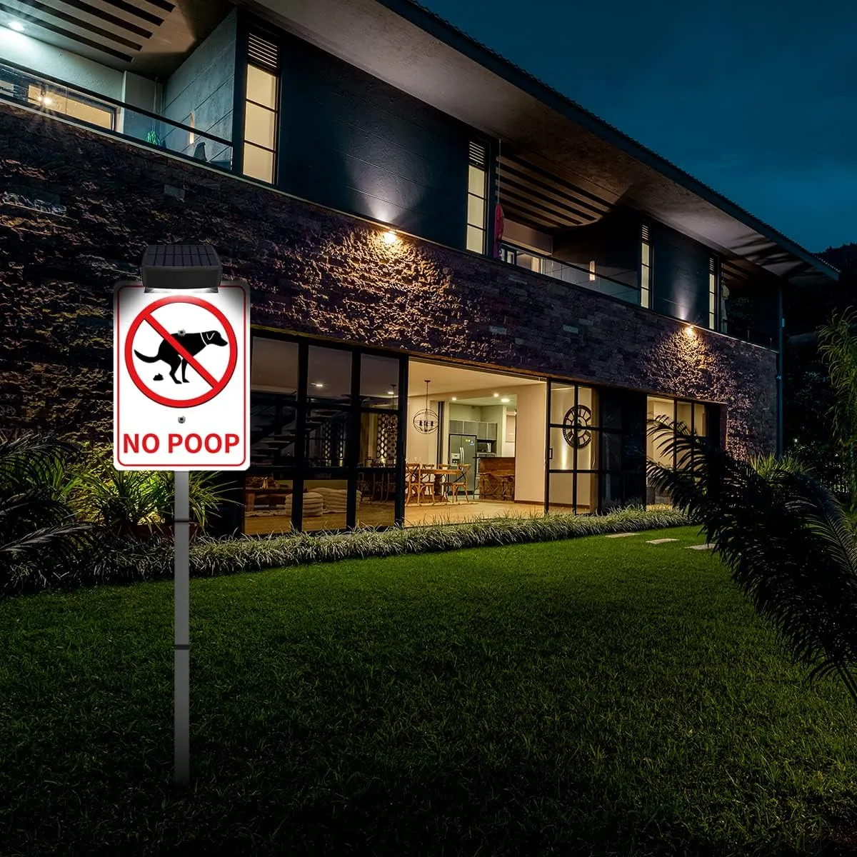 NO POOP Yard Warning Sign Solar Powered, Rechargeable LED Illuminated Aluminum Sign with Stake, Reflective Outside Sign Light Up For Houses