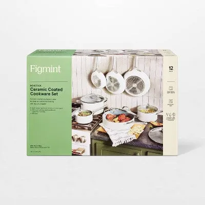 Open Box - 12pc Nonstick Ceramic Coated Aluminum Cookware Set Cream - Figmint