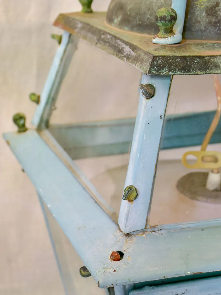 Pair of large 19th Century French lanterns with original glass and blue patina