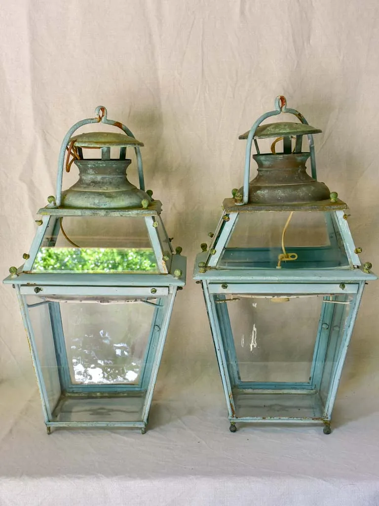 Pair of large 19th Century French lanterns with original glass and blue patina