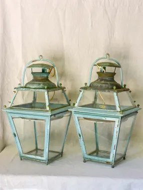 Pair of large 19th Century French lanterns with original glass and blue patina