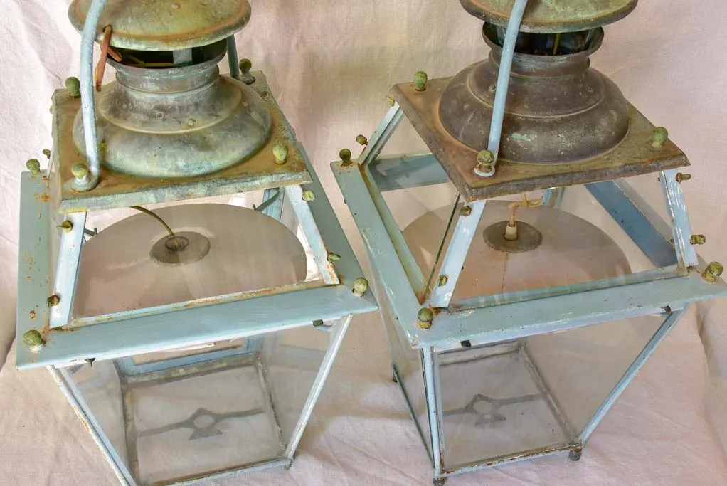 Pair of large 19th Century French lanterns with original glass and blue patina