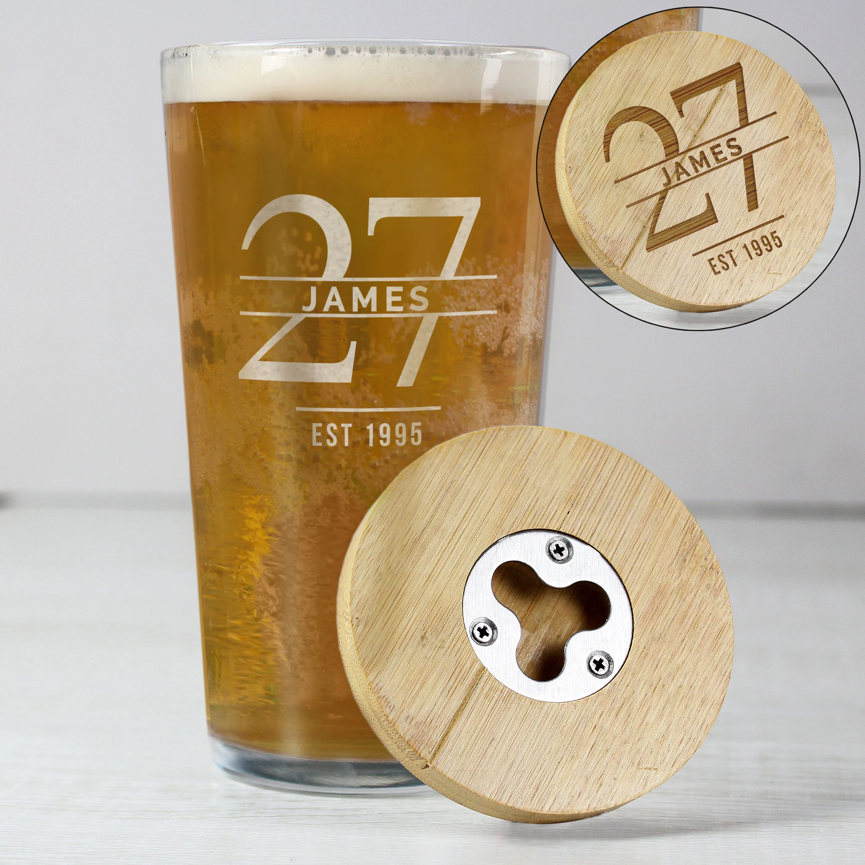 Personalised Big Age Bamboo Bottle Opener Coaster And Pint Glass Set