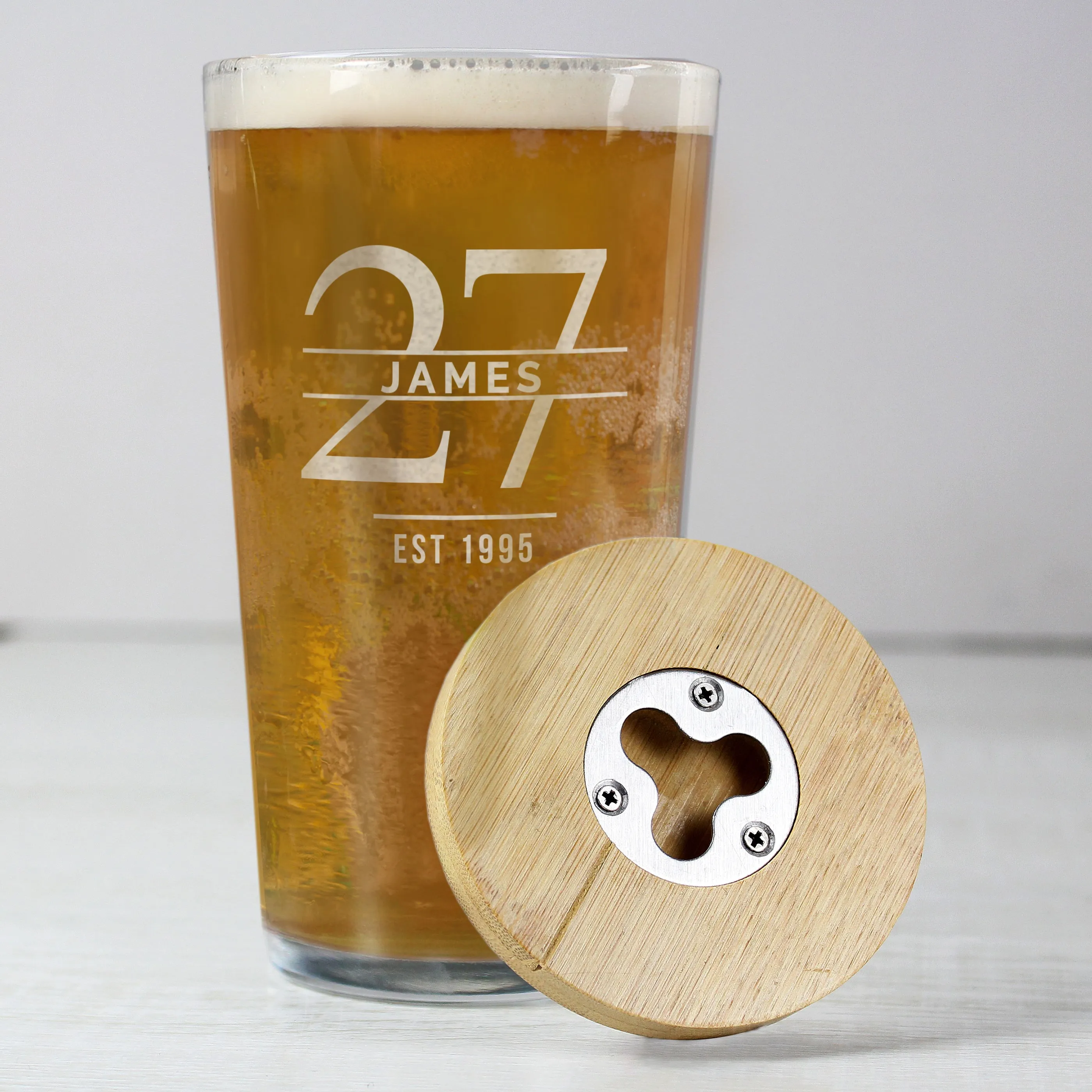 Personalised Big Age Bamboo Bottle Opener Coaster And Pint Glass Set