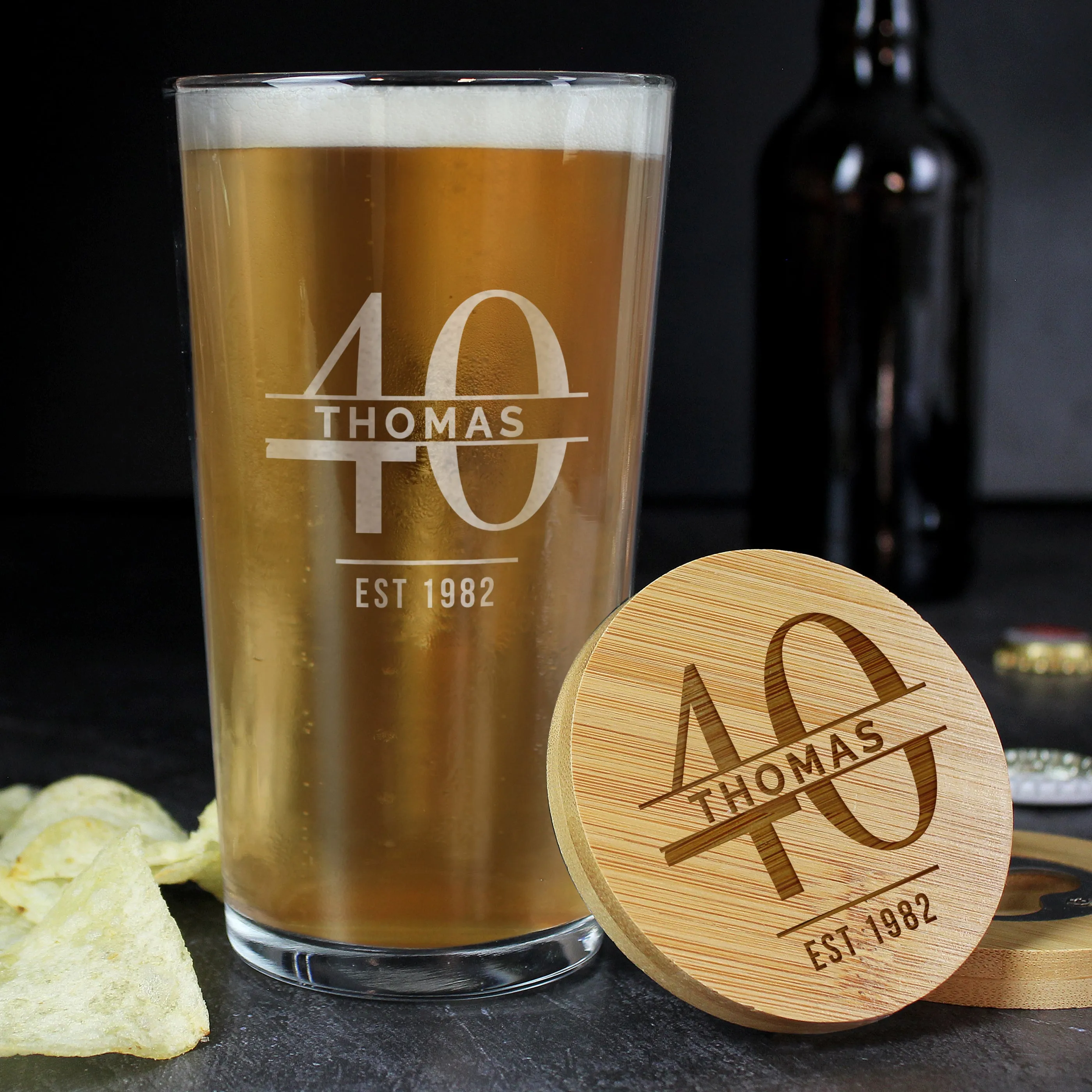 Personalised Big Age Bamboo Bottle Opener Coaster And Pint Glass Set