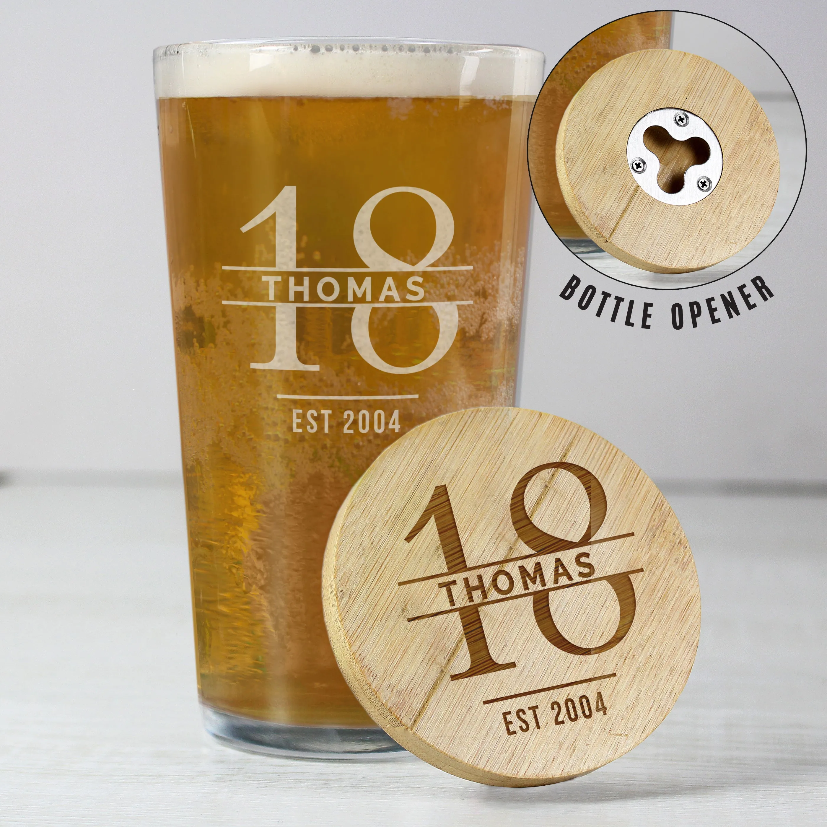 Personalised Big Age Bamboo Bottle Opener Coaster And Pint Glass Set