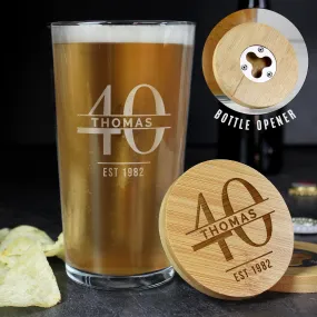 Personalised Big Age Bamboo Bottle Opener Coaster And Pint Glass Set