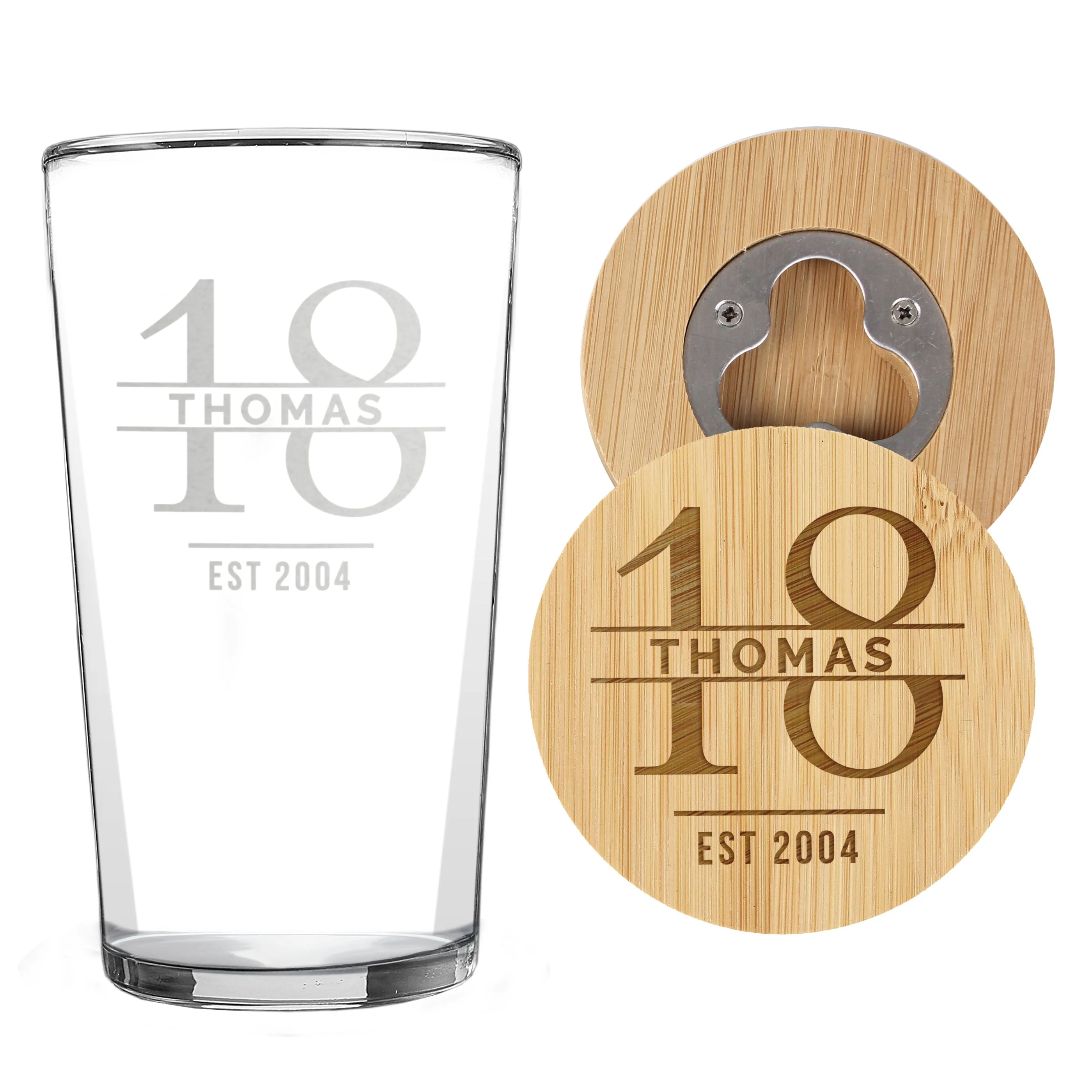 Personalised Big Age Bamboo Bottle Opener Coaster And Pint Glass Set