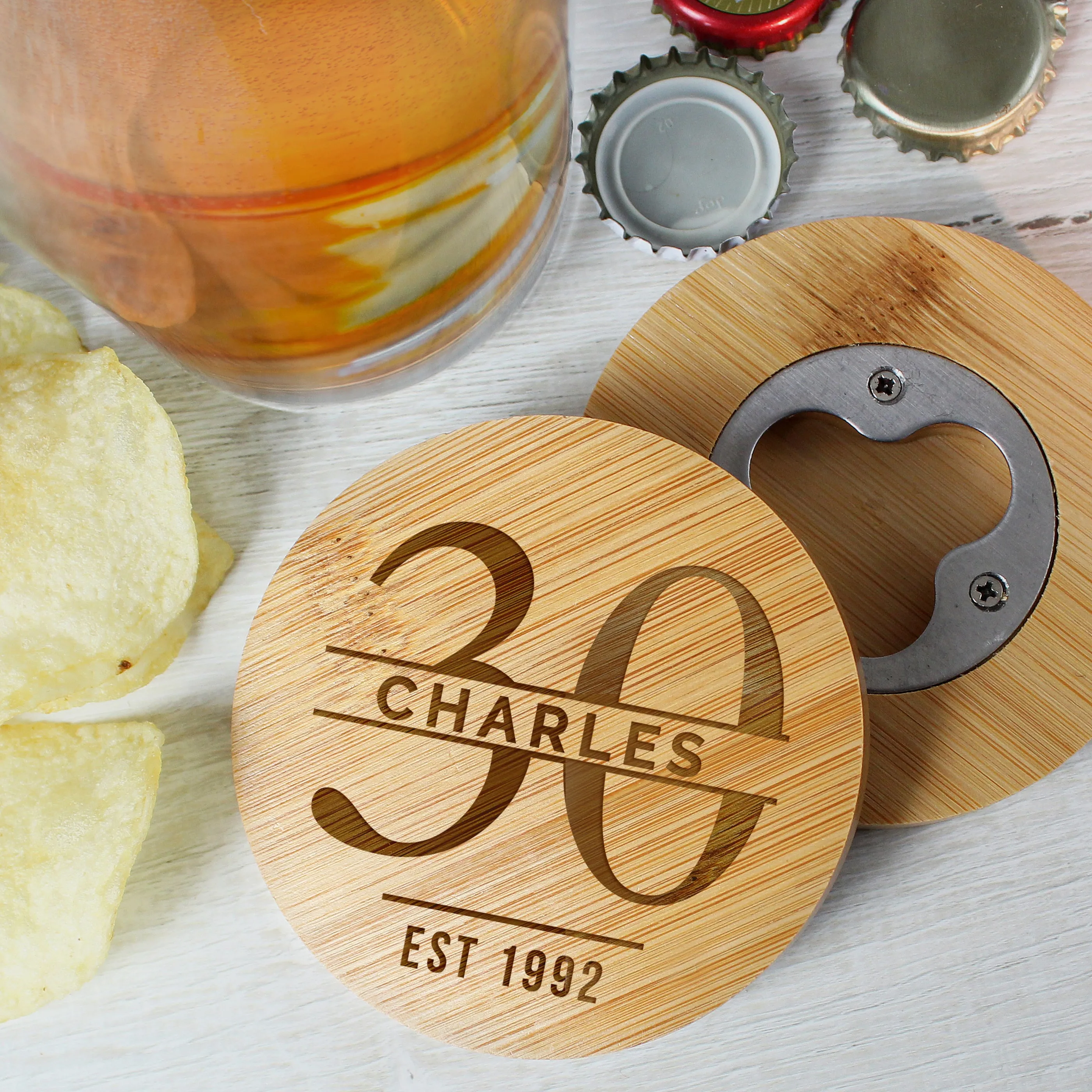 Personalised Big Age Bamboo Bottle Opener Coaster And Pint Glass Set