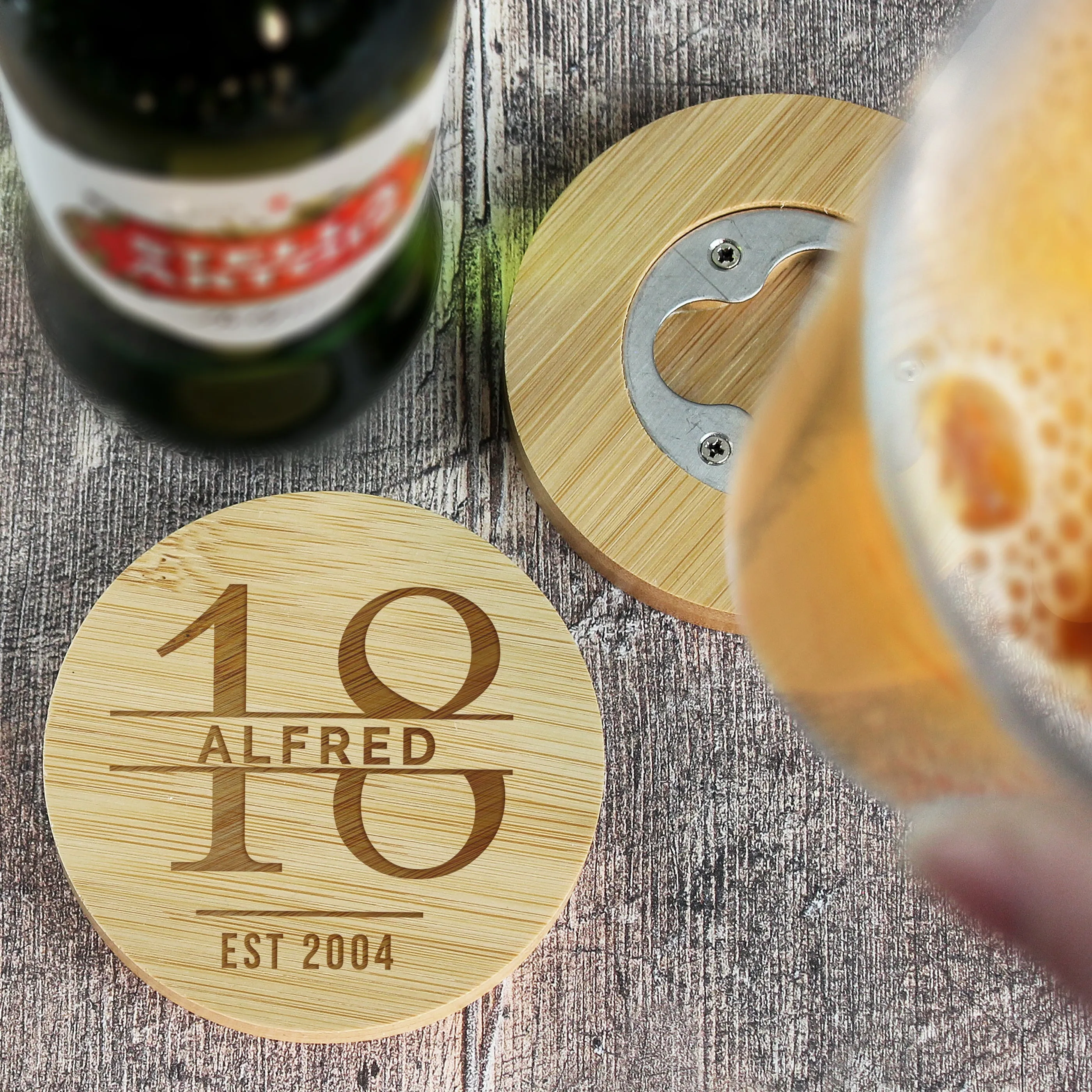 Personalised Big Age Bamboo Bottle Opener Coaster And Pint Glass Set