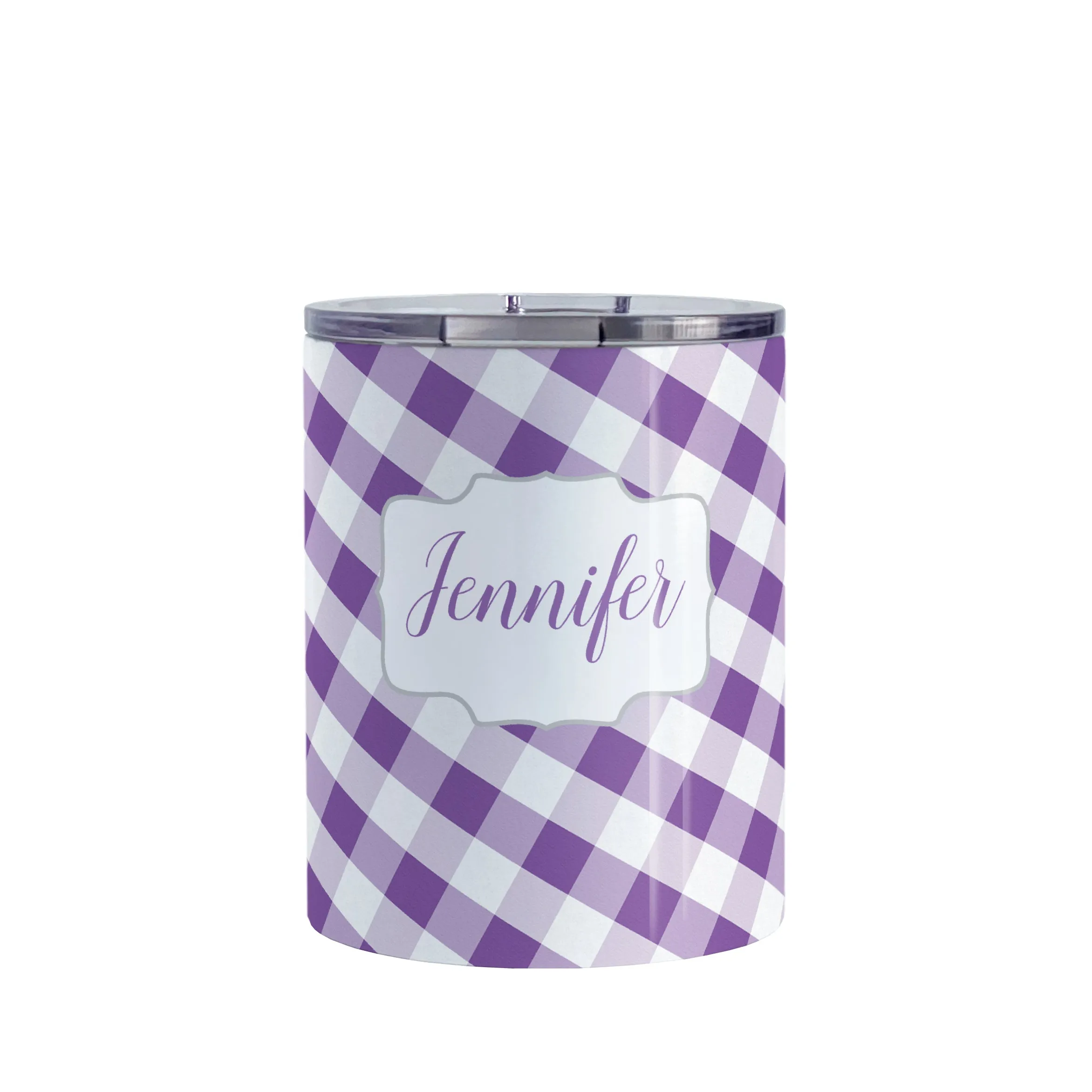 Personalized Purple Gingham Tumbler Cup