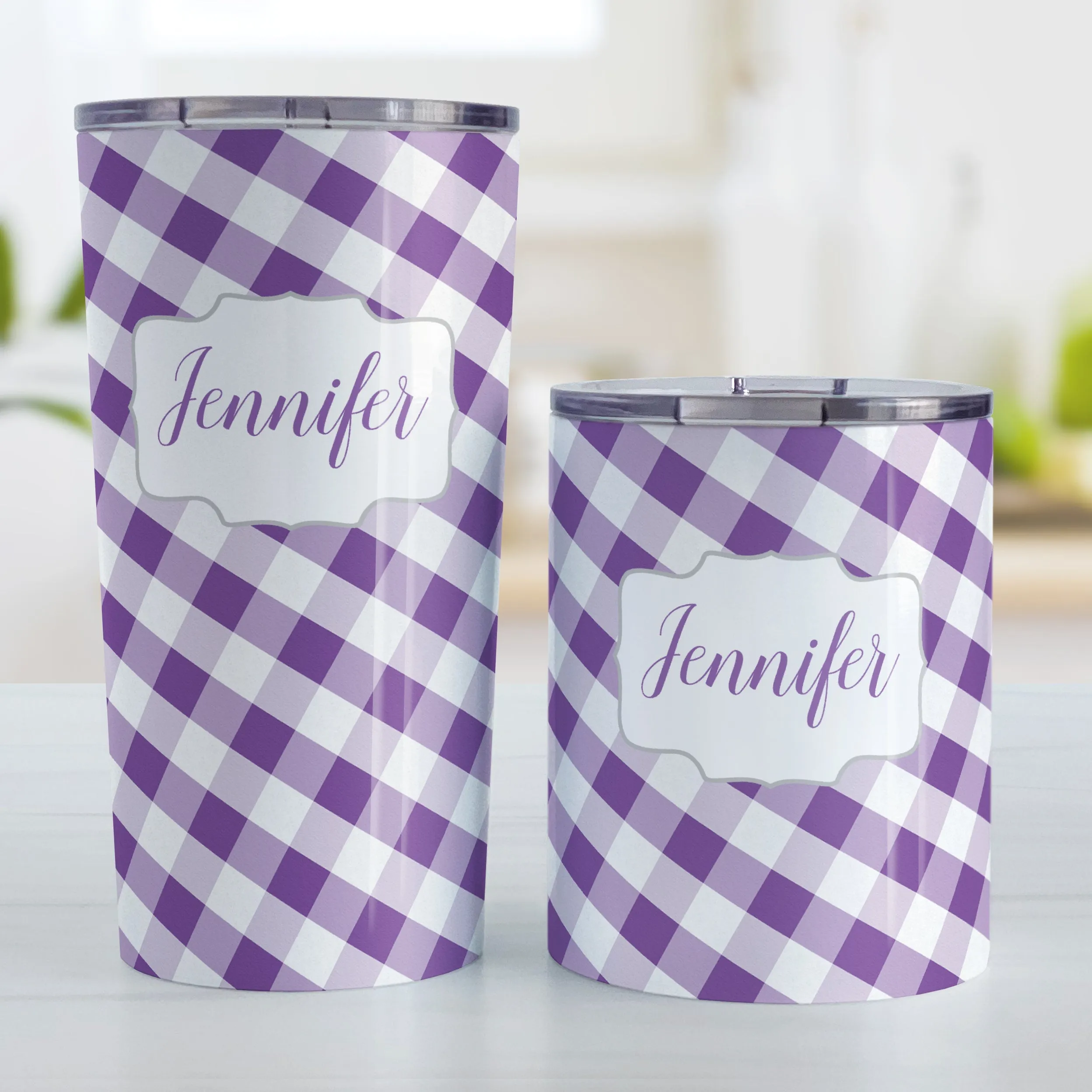 Personalized Purple Gingham Tumbler Cup