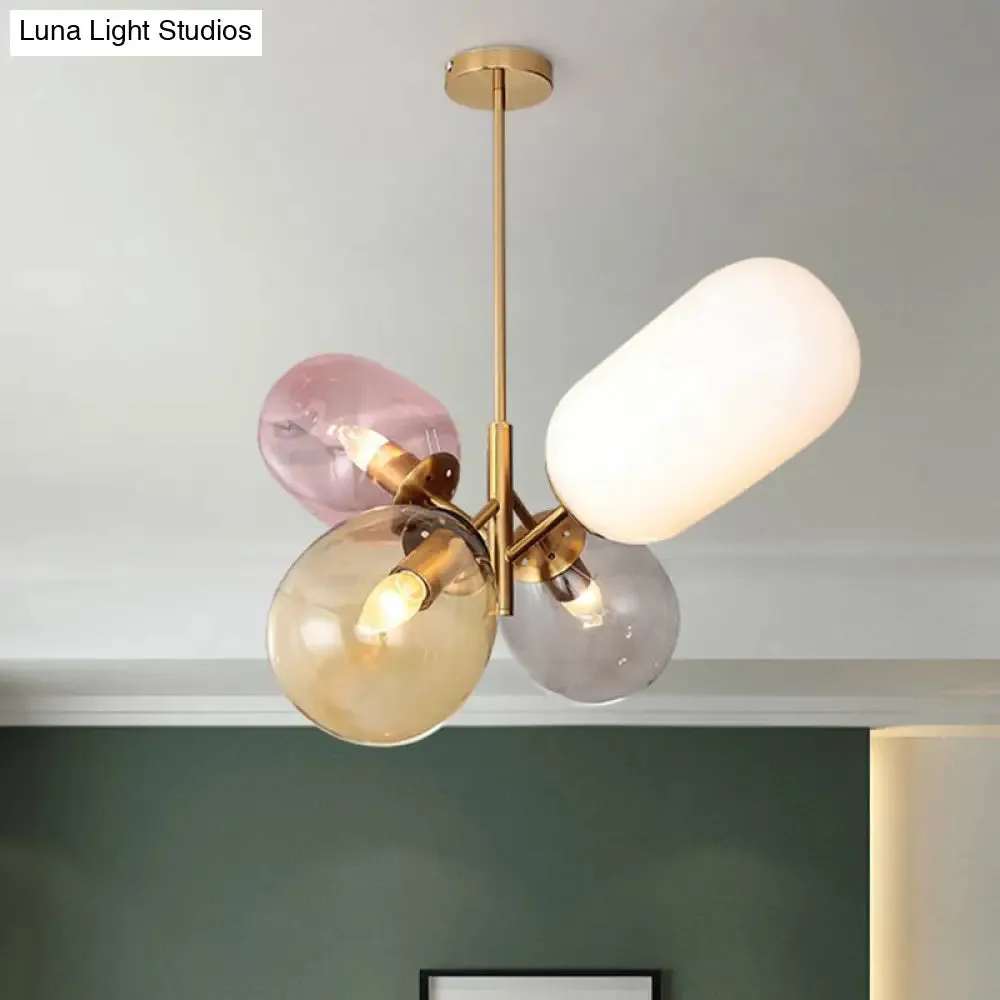 Postmodern Brass Balloon Pendant Chandelier with Multicolored Glass Shades - 4-Light Ceiling Lamp