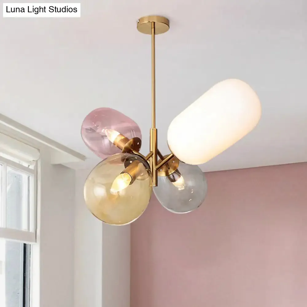 Postmodern Brass Balloon Pendant Chandelier with Multicolored Glass Shades - 4-Light Ceiling Lamp