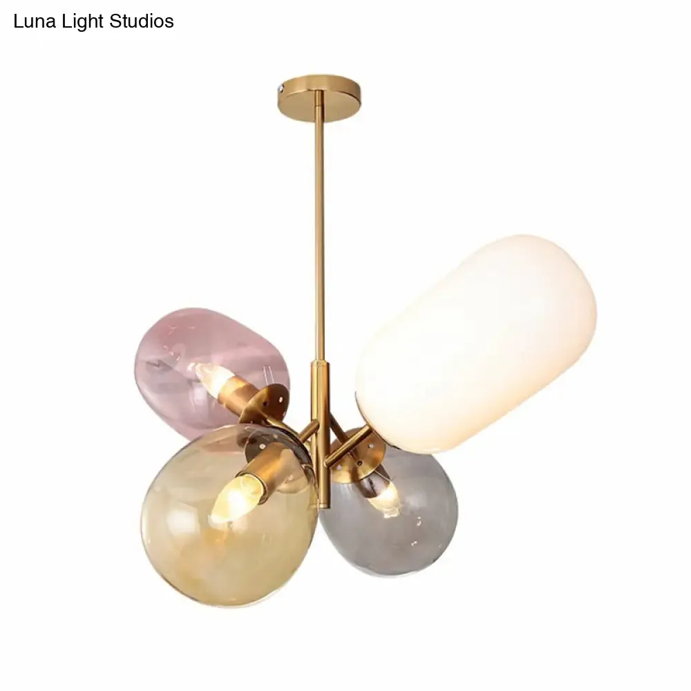 Postmodern Brass Balloon Pendant Chandelier with Multicolored Glass Shades - 4-Light Ceiling Lamp