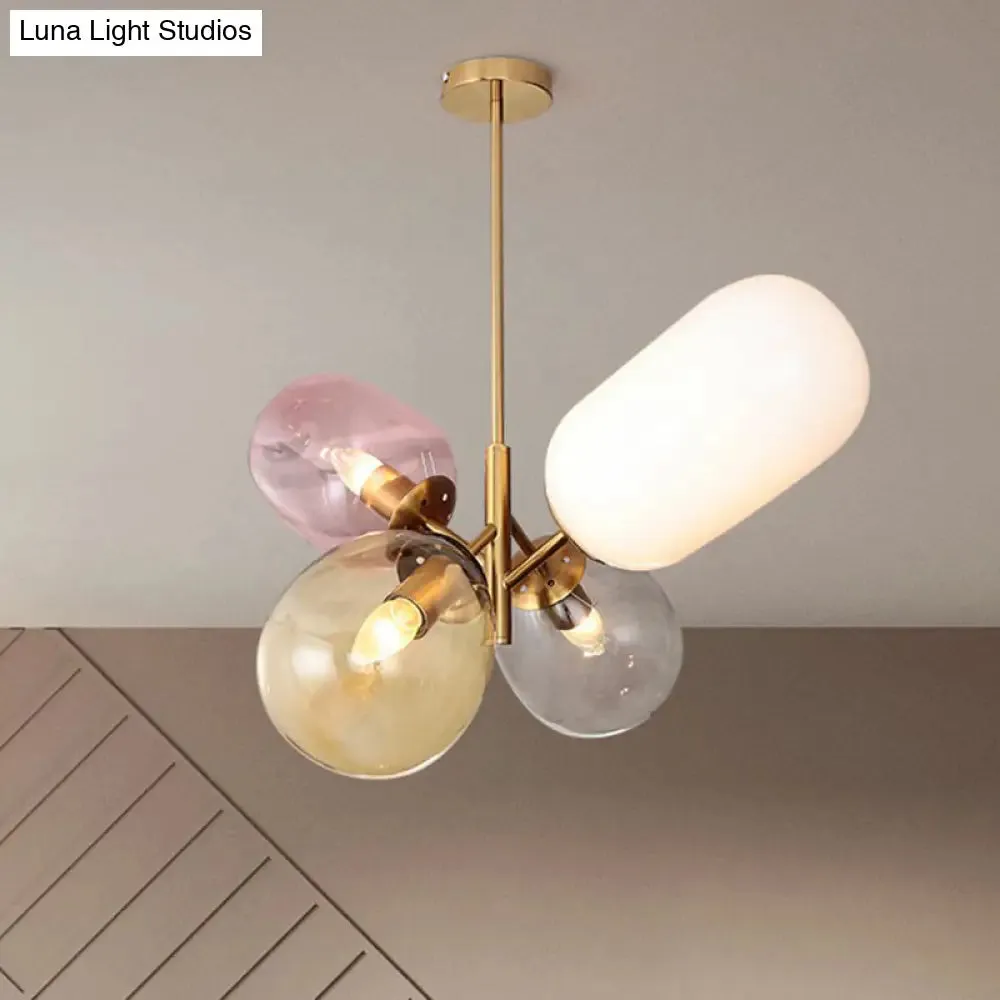 Postmodern Brass Balloon Pendant Chandelier with Multicolored Glass Shades - 4-Light Ceiling Lamp