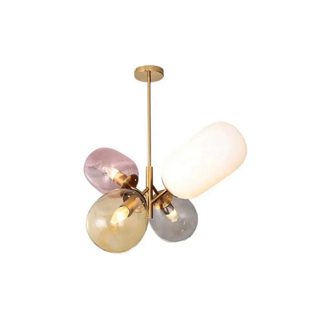 Postmodern Brass Balloon Pendant Chandelier with Multicolored Glass Shades - 4-Light Ceiling Lamp