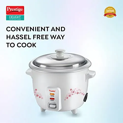 Prestige Delight PRWO 1.5 L Electric Rice Cooker|Detachable power cord|Durable body|Cool touch handles|White| Raw capacity-0.6L|Cooked capacity-1.5 L|Cooks for a family of 4 to 5 members