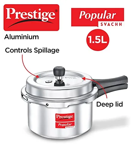 Prestige Popular Svachh Aluminium Outer Lid Pressure Cooker, 1.5 Litre - Silver, Medium (10162)