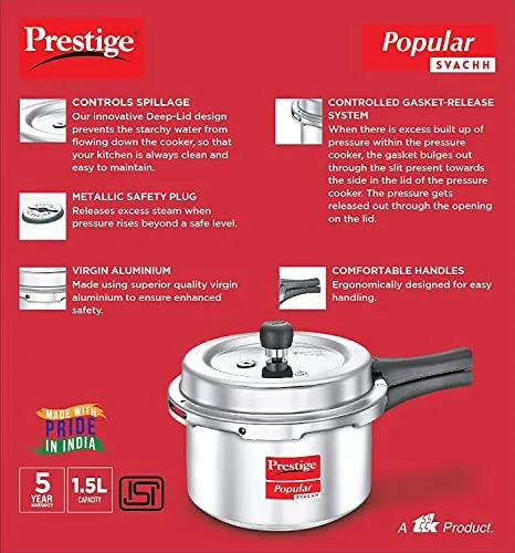 Prestige Popular Svachh Aluminium Outer Lid Pressure Cooker, 1.5 Litre - Silver, Medium (10162)