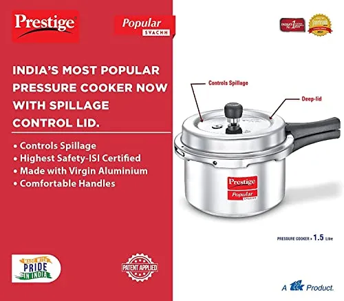 Prestige Popular Svachh Aluminium Outer Lid Pressure Cooker, 1.5 Litre - Silver, Medium (10162)