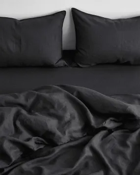 Pure Linen Fitted Sheet with Pillow Covers | 3 Pc Set |Black