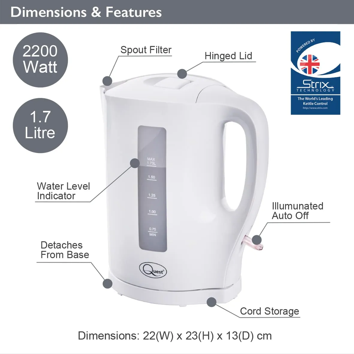 Quest 35019 1.7 Litre Electric Kettle/White/Cord Storage/Water Level Indicator/BPA Free/Automatic Cut-Off/Student Essentials for University