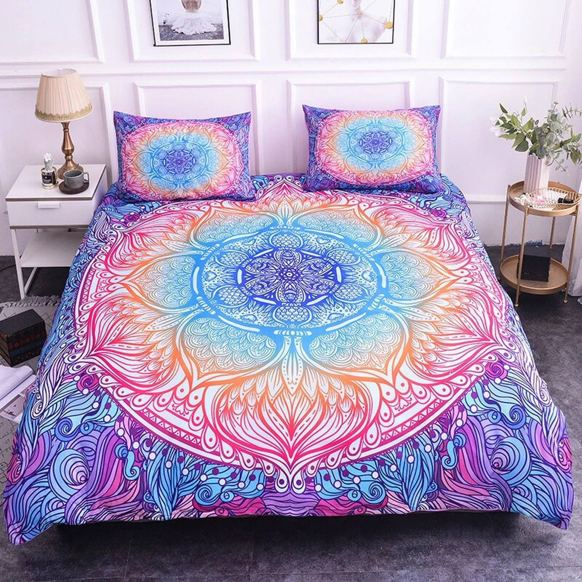 Rainbow mandala whimsical duvet cover boho bedding set full, queen, king, dorm bedding, aesthetic room indian bedspread maximalist decor