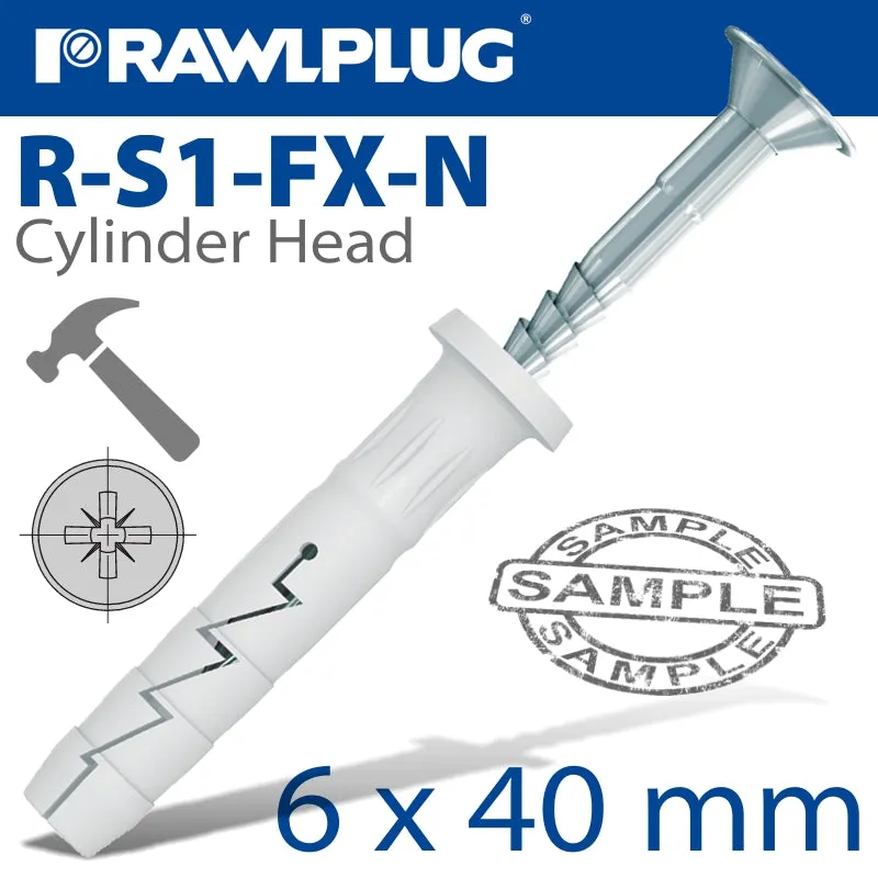 RAWLPLUG NYLON HAMMER IN FIXING CYL HEAD 6X40MM  20 PER BAG RAW R-S1-FX-N06C40-20