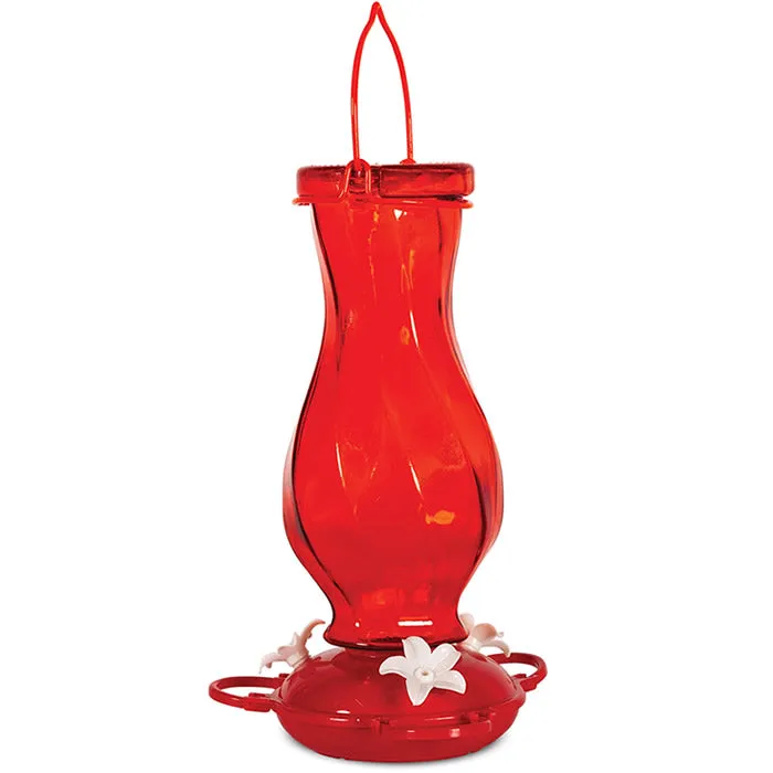 Red Twist Glass Bottle Hummingbird Feeder