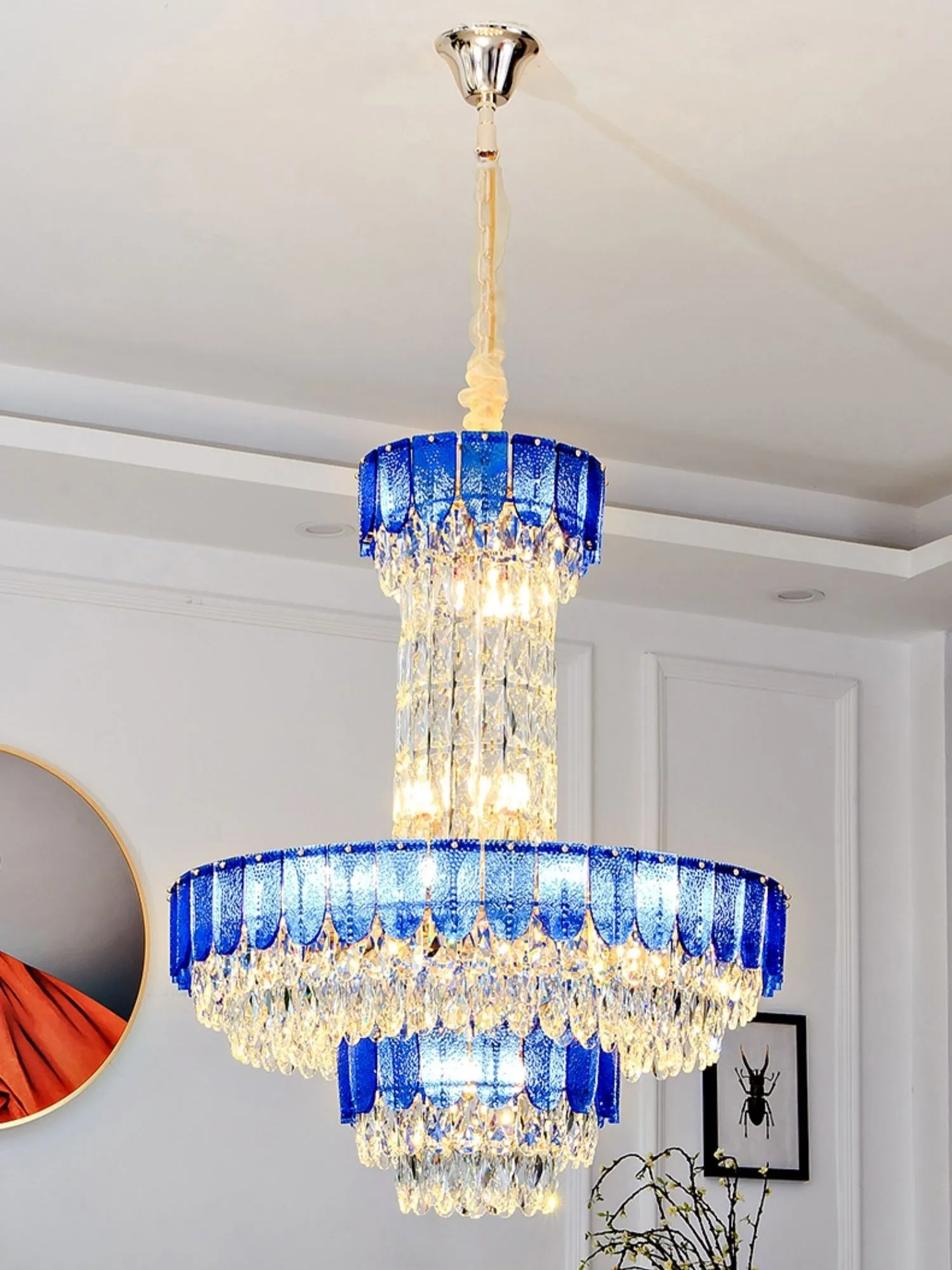 Restaurant/ Hotel Chandelier Foyer Duplex High Ceiling Light Fixture For Staircase/ Living Room In Gray/ Amber/ Blue Trimmed