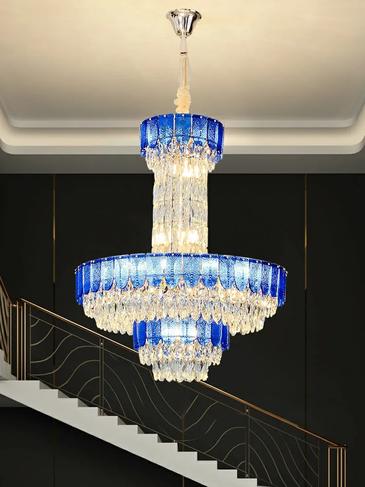 Restaurant/ Hotel Chandelier Foyer Duplex High Ceiling Light Fixture For Staircase/ Living Room In Gray/ Amber/ Blue Trimmed