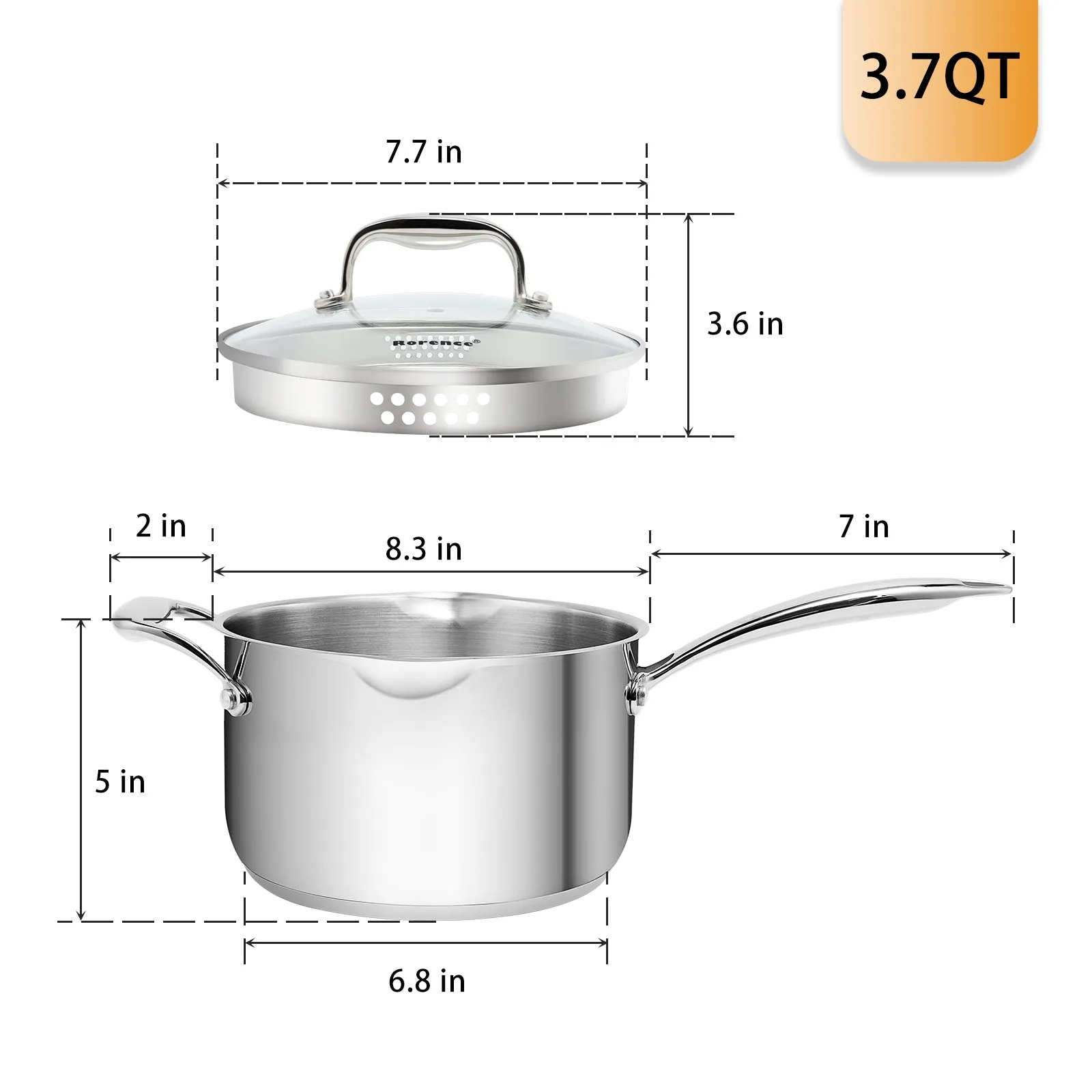 Rorence Stainless Steel Saucepan: Saucepan with Pour Spout, Capsule Bottom & Tempered Glass Lid - 2.5/3/3.7 Quart saucepan with lid