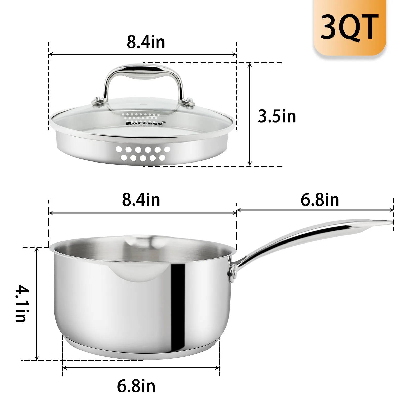 Rorence Stainless Steel Saucepan: Saucepan with Pour Spout, Capsule Bottom & Tempered Glass Lid - 2.5/3/3.7 Quart saucepan with lid