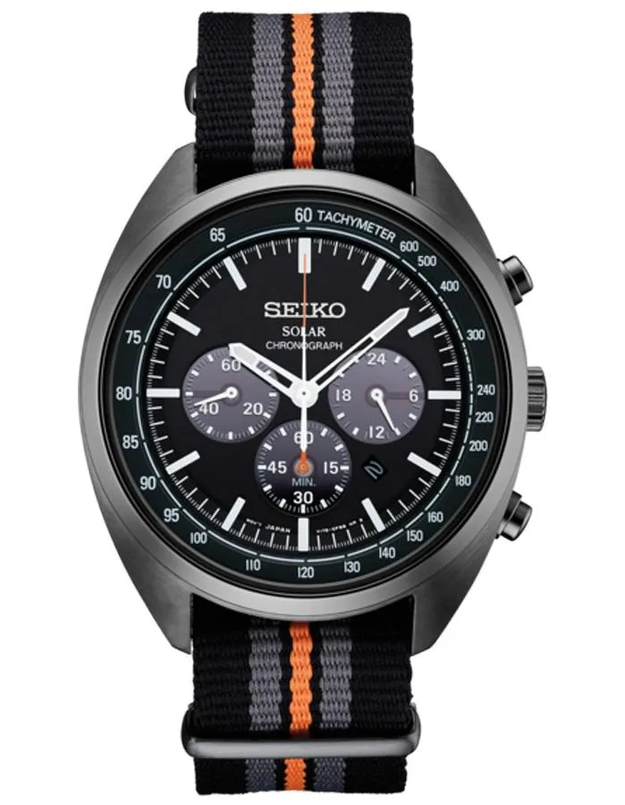 Seiko Men's Chronograph Recraft -  Solar -  Black Ion Plated - Date -Nylon Strap