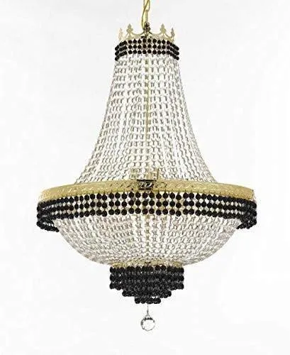 Set of 2-1 French Empire Crystal Chandelier Lighting Trimmed w/Jet Black Crystal! H30" X W24" and 1 Flush French Empire Crystal Chandelier Trimmed with Jet Black Crystal! H18" X W24" - B79/CG/870/9   B79/CG/FLUSH/870/9