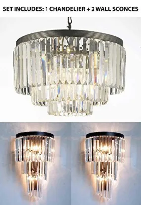 Set Of 2: 1 Palladium Crystal Glass Fringe 3-Tier Chandelier Chandeliers Lighting   2 Retro Palladium Crystal Glass Fringe Helix 3 Tier Spiral Wall Sconces - 1Ea 1100   2Ea 1100/4