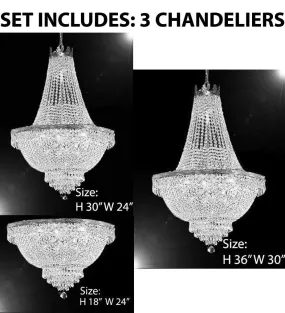 Set of 3-1 French Empire Crystal Chandelier Lighting H36 X W30 & 1 French Empire Crystal Chandelier Lighting H30 X W24 and 1 French Empire Crystal Semi Flush Basket Chandeliers Lighting H18 X W24 - CS/870/14  CS/870/9  FLUSH/CS/870/9