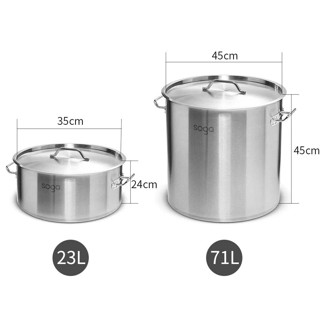 SOGA 23L Wide Stock Pot  and 71L Tall Top Grade Thick Stainless Steel Stockpot 18/10