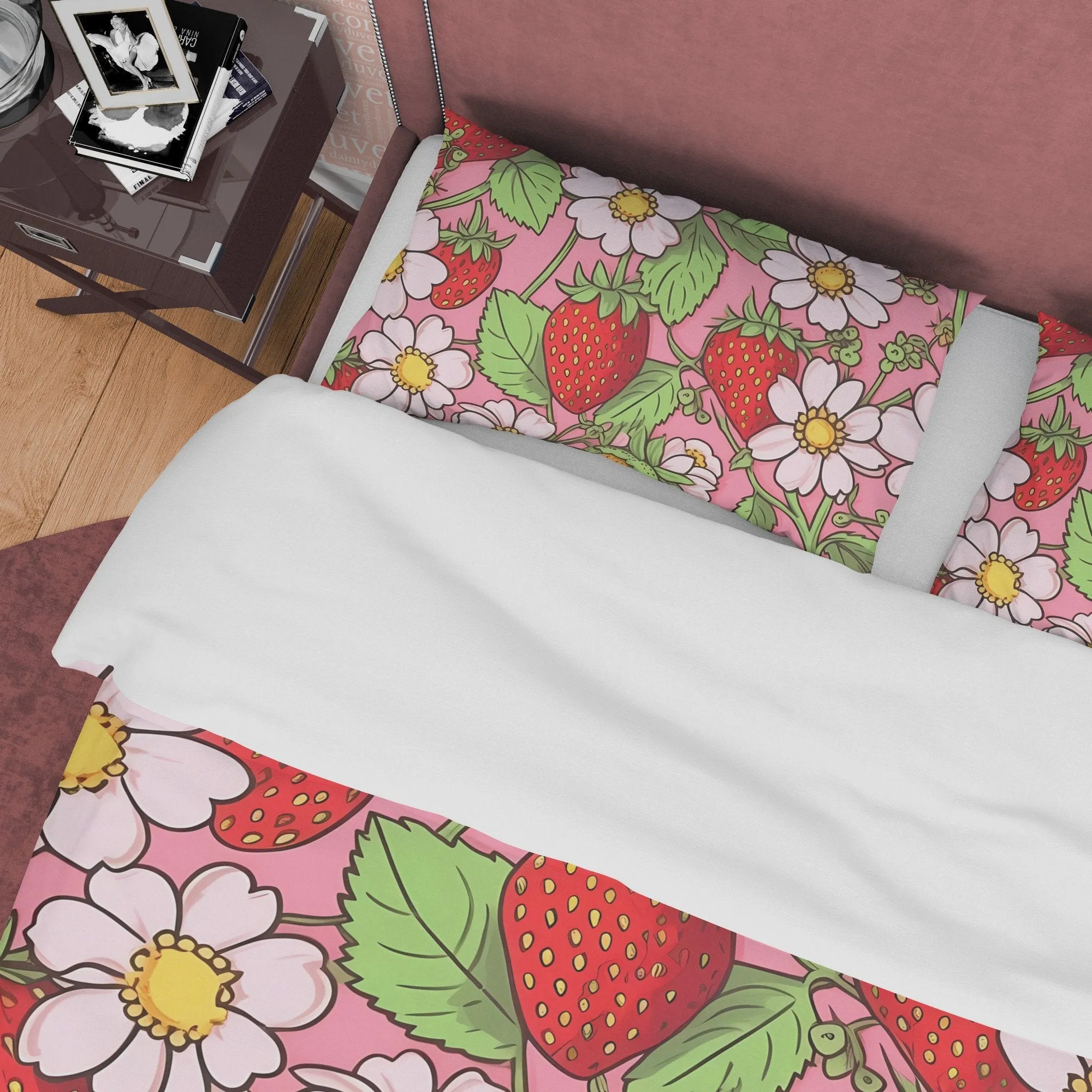 Strawberry Duvet Cover Boho Bedroom Set, Floral Pink Cute Bedspread, Girly Quilt Cover, Dorm Bedding, Baby Girl Toddler Bedding, Foodie Gift