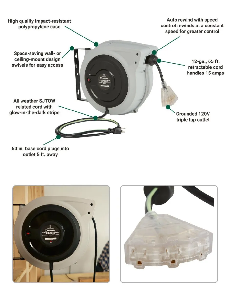 Strongway Retractable Cord Reel | 65-Ft. | 12/3, Triple Tap