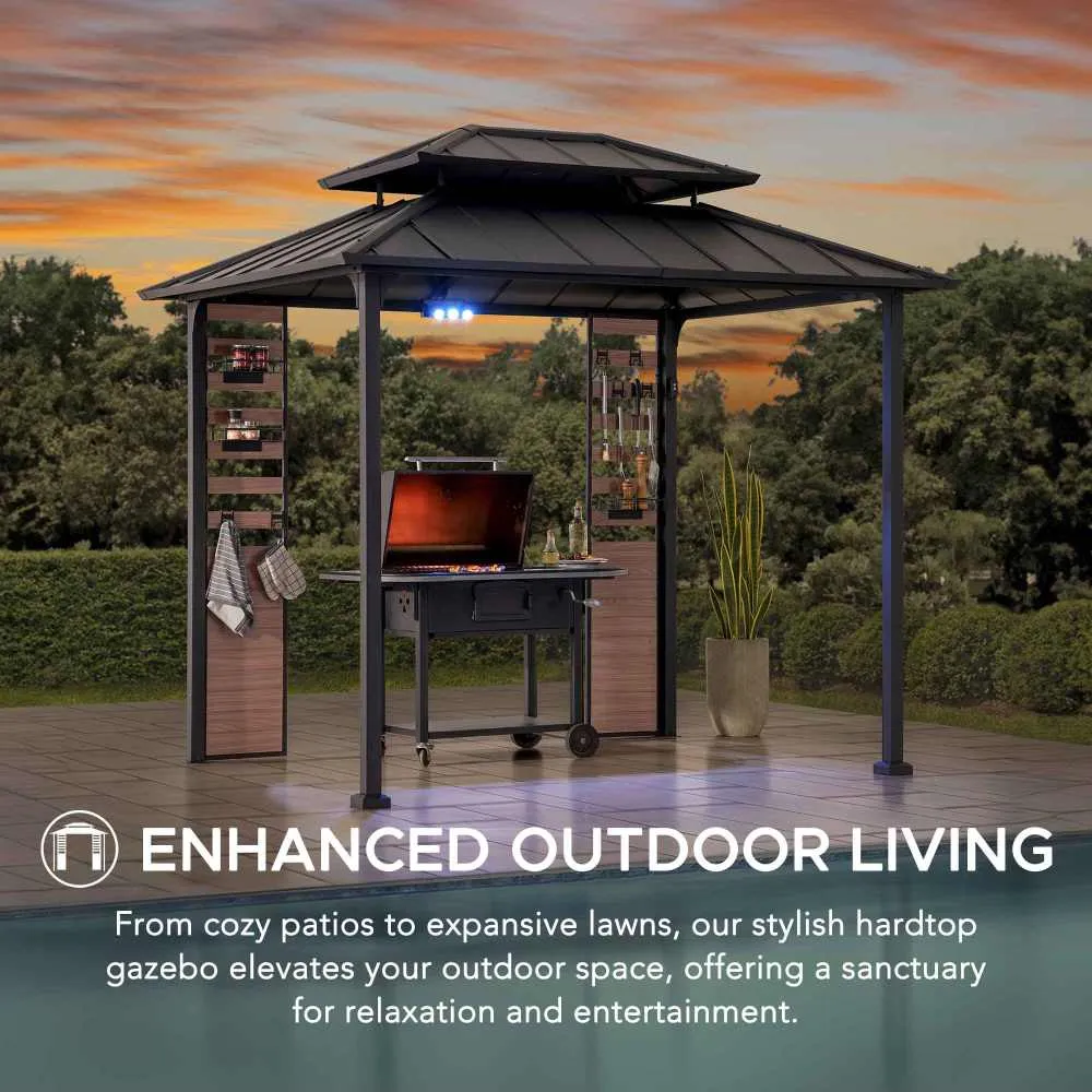 SUNJOY 7’ x 9’ Rochdale Grill Gazebo, Outdoor Patio Hard Top Gazebo with Ceiling Hooks and Shelves