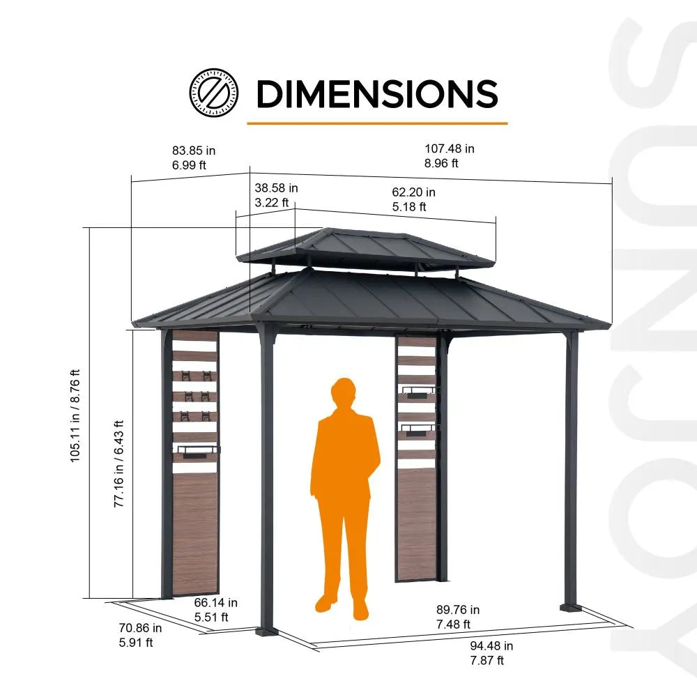 SUNJOY 7’ x 9’ Rochdale Grill Gazebo, Outdoor Patio Hard Top Gazebo with Ceiling Hooks and Shelves