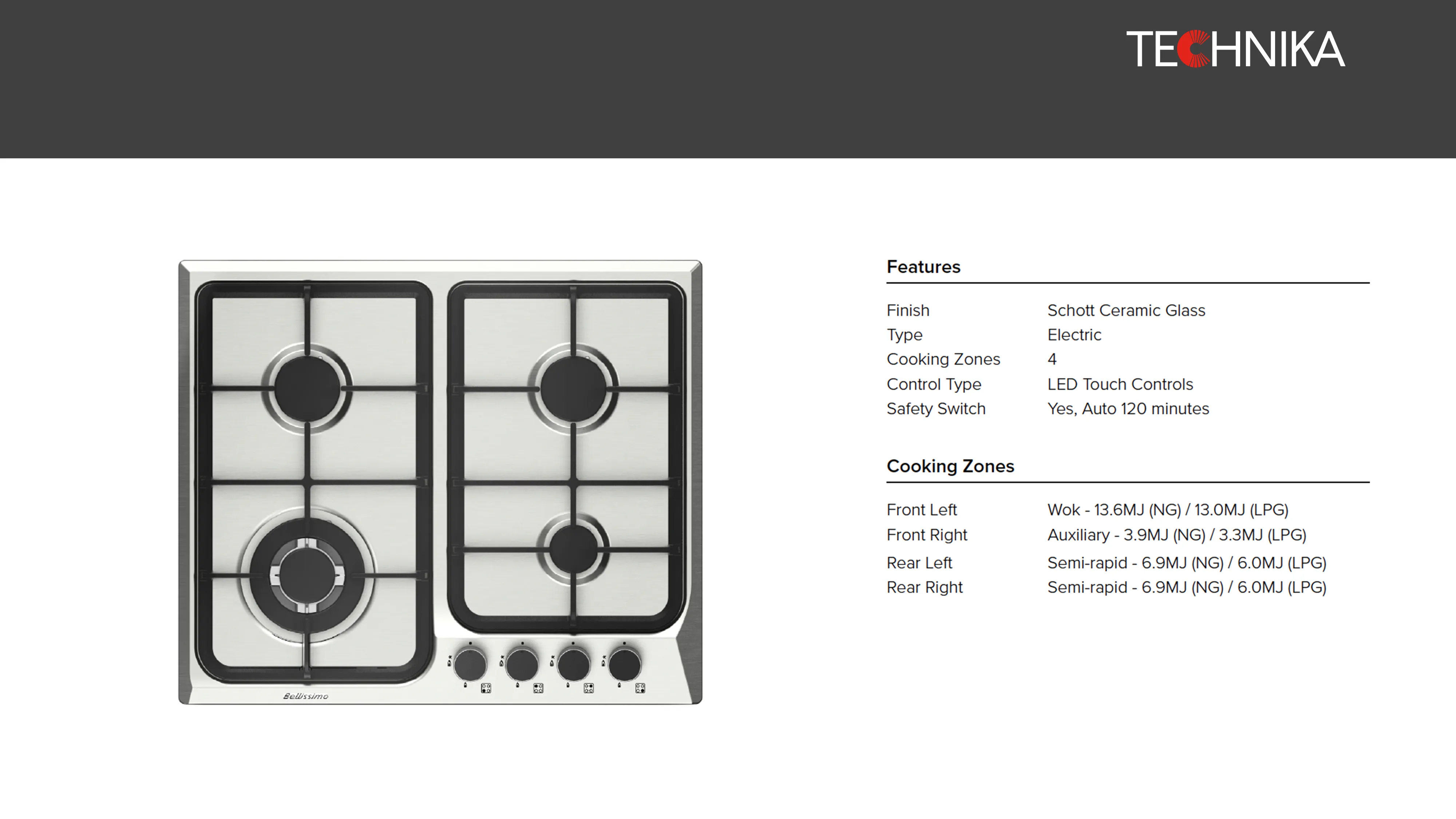 Technika SATB64GWS 4 Burner Stainless Steel Gas Cooktop