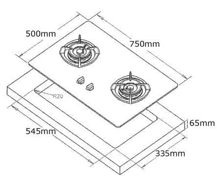 Tecno Uno T 22 TGSV / OPWH Toughened Glass Hob (SCHOTT) Optic White 75cm, V.V.S  2 Burners (2x Big)