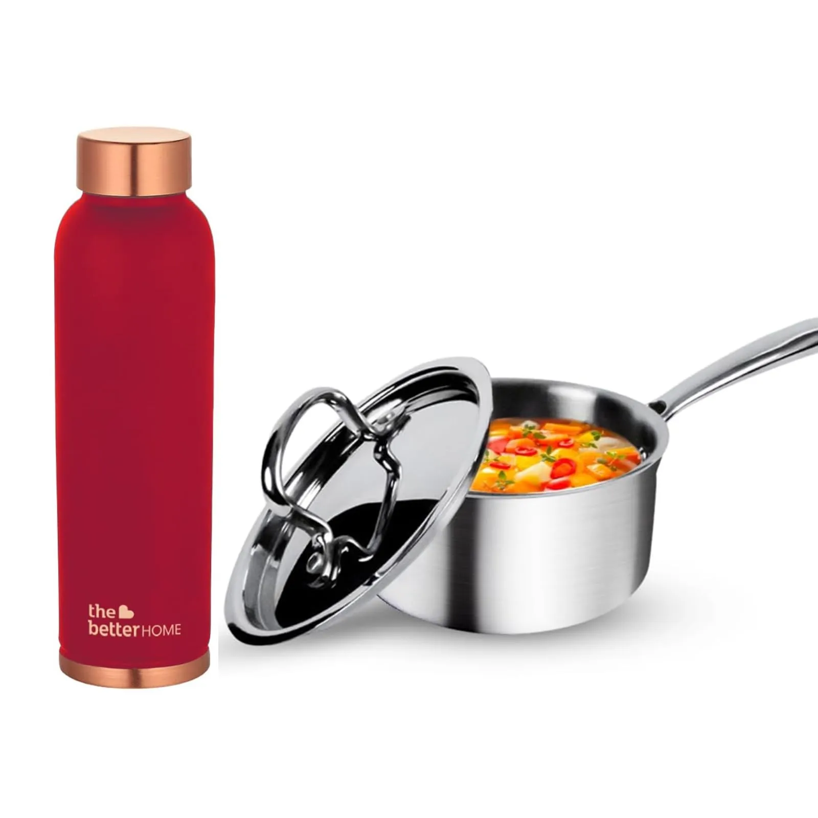 The Better Home 100% Pure Copper Water Bottle 1 Litre, Teal & Savya Home Triply Stainless Steel Saucepan with Lid, 18cm, 2.2 litres (Stove & Induction Cookware) (Red)