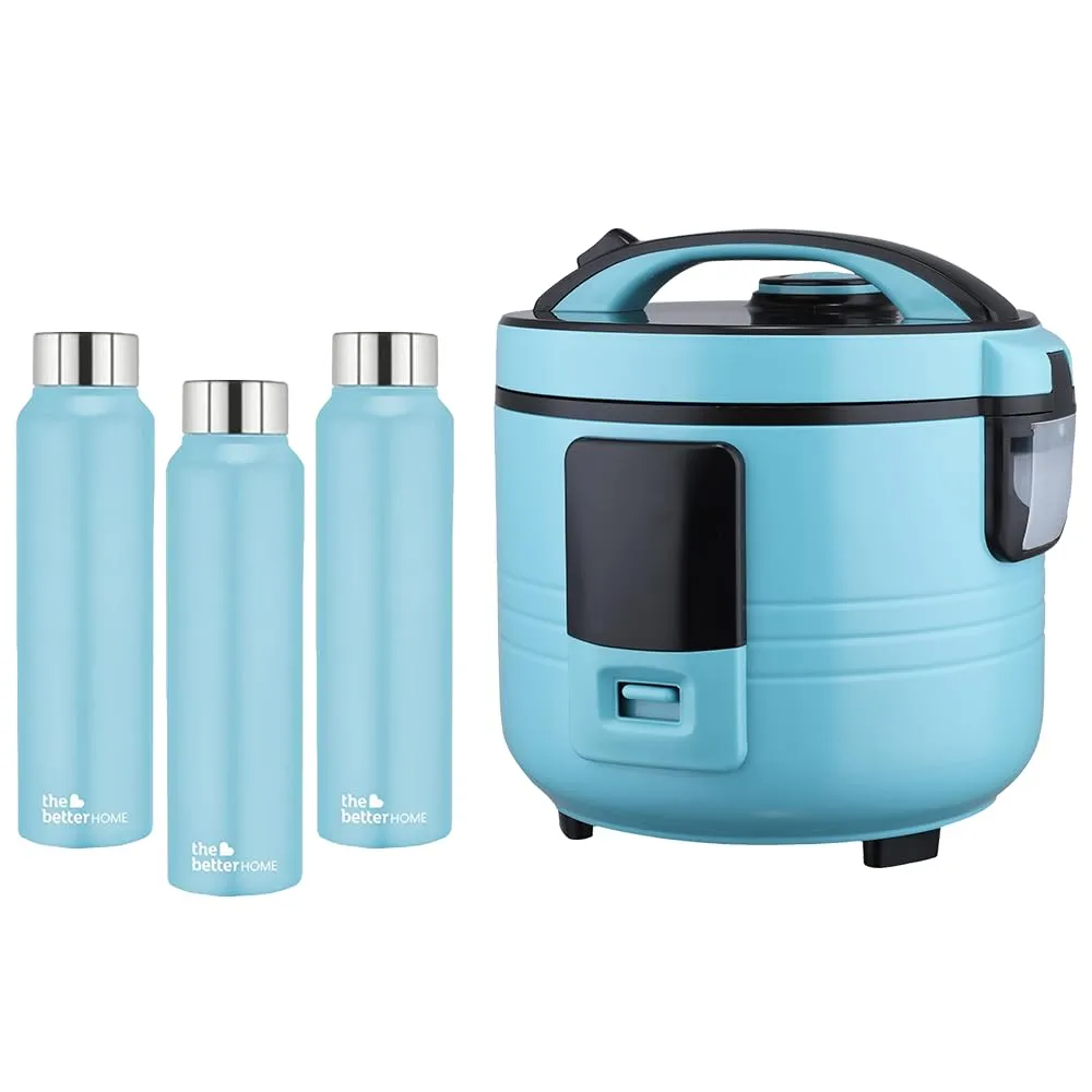 The Better Home FUMATO Cookeasy Automatic 500W Electric Rice Cooker 1.5L Blue & Stainless Steel Water Bottle 1 Litre Pack of 3 Blue